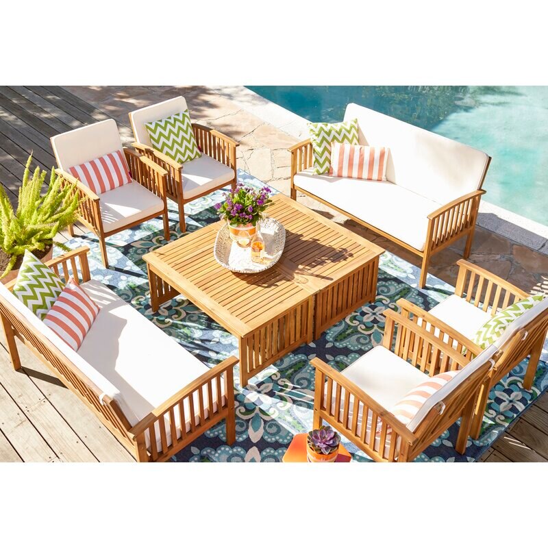 7-8 Person Patio Conversation Set with 2 Loveseats, 4 Armchairs, and 2 Coffee Tables and Cream Cushion for Garden Backyard