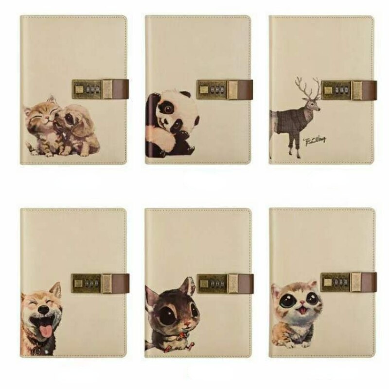 A5 Password Notebook Cat Pattern Cute Thing with Lock Hand Book Diary PU Leather Notepad School Student Supplies Gift 2