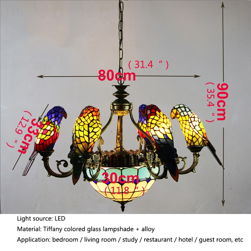 BROTHER Tiffany Parrot Chandelier LED Vintage Creative Color Glass Pendant Lamp Decor for Home Living Room Bedroom Hotel 6