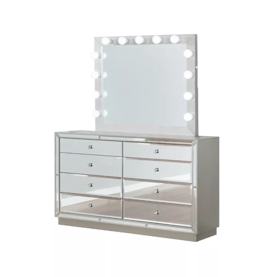 Mirrored Bedroom Furniture 5 PCS Bedroom Set Include Queen Bed Frame 2 Nightstand Dresser and Mirror Luxury Furniture 3