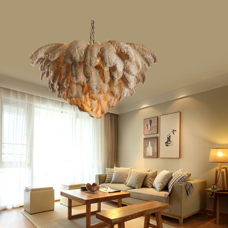 Natural Ostrich Feather Led Chandeliers Loft Lustre Pendant Lamp Bedroom Kitchen Hanging Lamp Restaurant Decor Lighting Fixtures 2