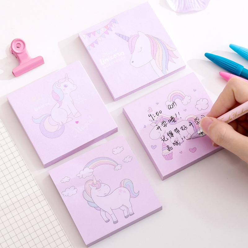 10 Pcs Note Book+4 pcs gel ink pens Girl Heart Unicorn Sticky Notes 3x3 Inches Self-Stick Pads, Easy To Post for Home Office 3