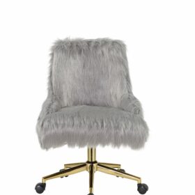 22"L x 25"D x 35-38"H Office Chair In Gray Faux Fur Gold Finish Office Chair Living Room Bedroom Chair High Elastic Sponge Gray 3