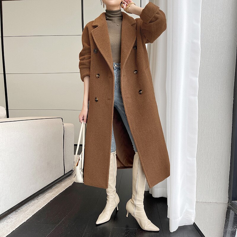 Peru Alpaca Camel Cashmere Coat Women's Mid-Length Alpaca Autumn and Winter Thickening Double-Breasted Wool Coat Women 2