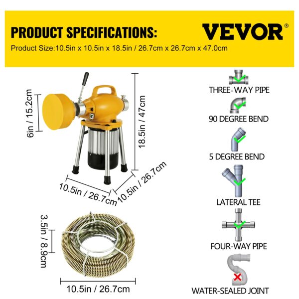 VEVOR Professional Dredge Machine 400W Electric Pipe Plunger Household Sink Sewer Toilet Blockage Tube Unblocker Cleaning Tools 6