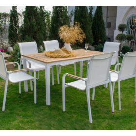 Outdoor Dining Set, Luxury Faux Wood Tabletop & Arm-rest Powder-Coasted Aluminum Base, 7 Pieces Outdoor Dining Set