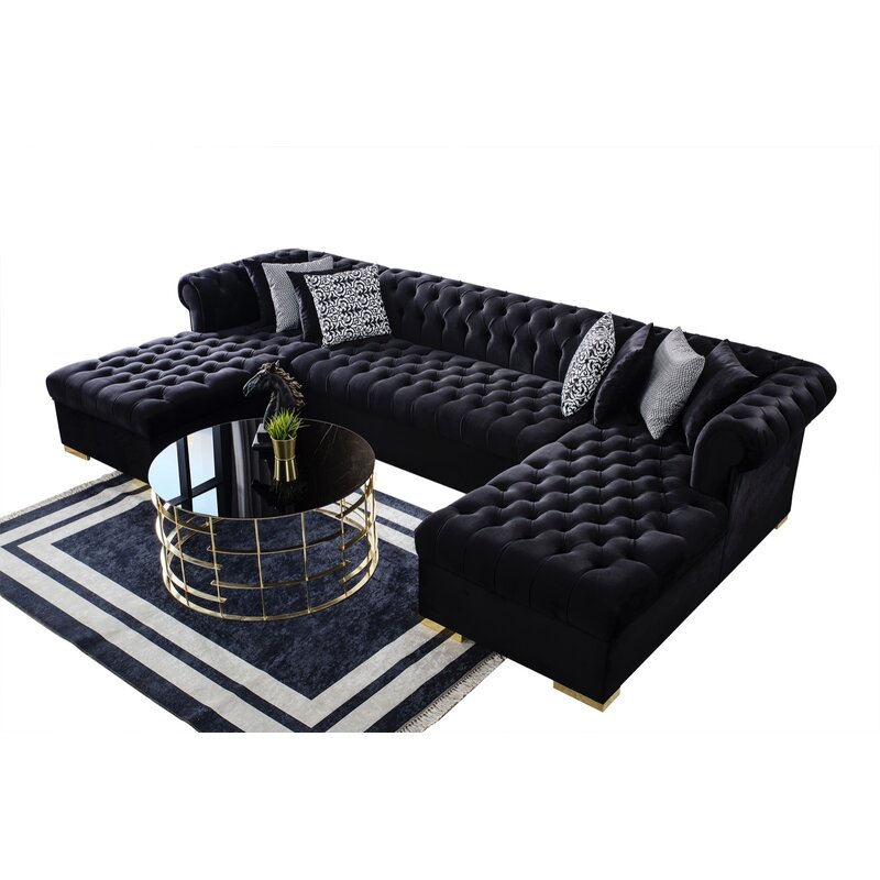 Blue Black Velvet U-Shaped Symmetrical Corner Section Sofa 34"H x 141"W x 71"D 4