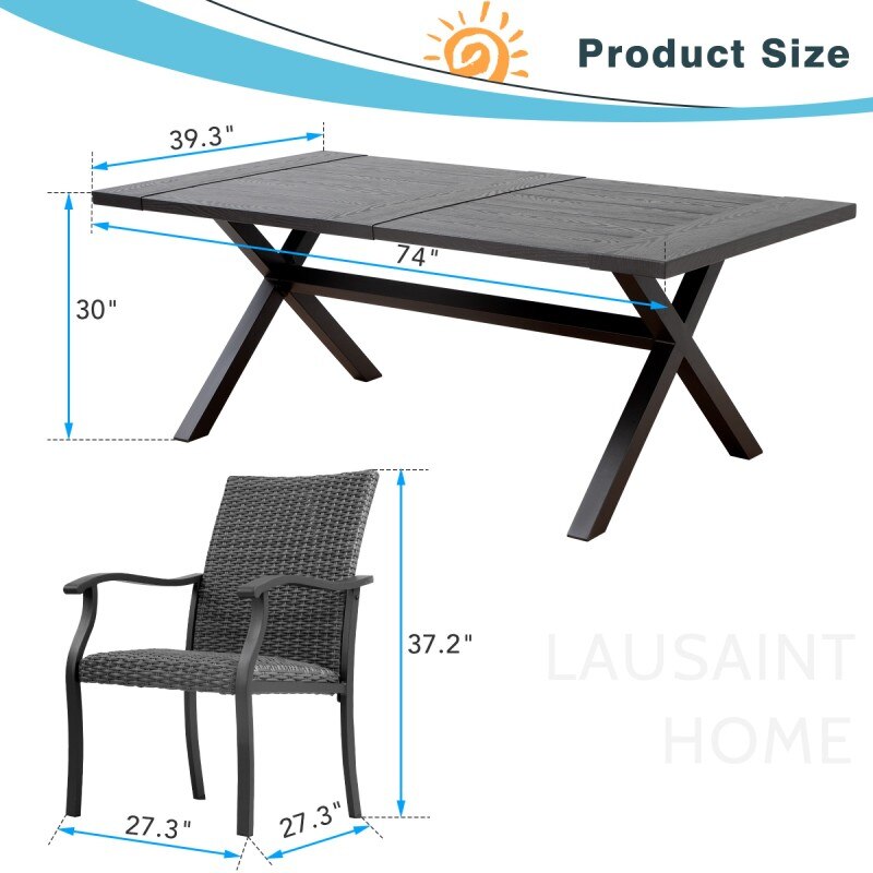 7 Piece Long Terrace Dining Table Set with Rattan Chair and Rectangular Aluminum Table for Garden Coffee Table and Sofa Cushion 5