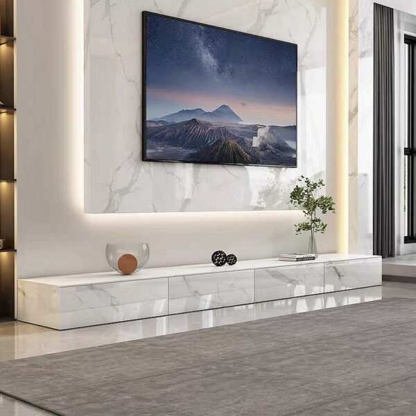 White Luxury Glossy Surface Marble Rock Tea Table TV Cabinet Modern Simple Living Room Household Storage Cabinet Large Tables 4