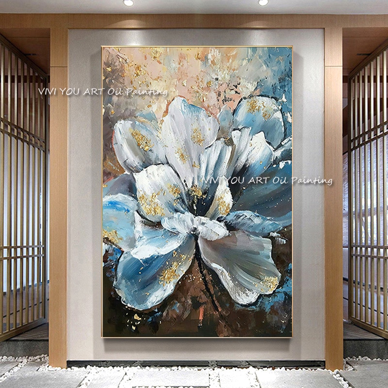 The Foil Large Flower Handmade Oil Paintings On Canvas Blue Creative New White Wall Art Pictures For Office Nature Decoration 1
