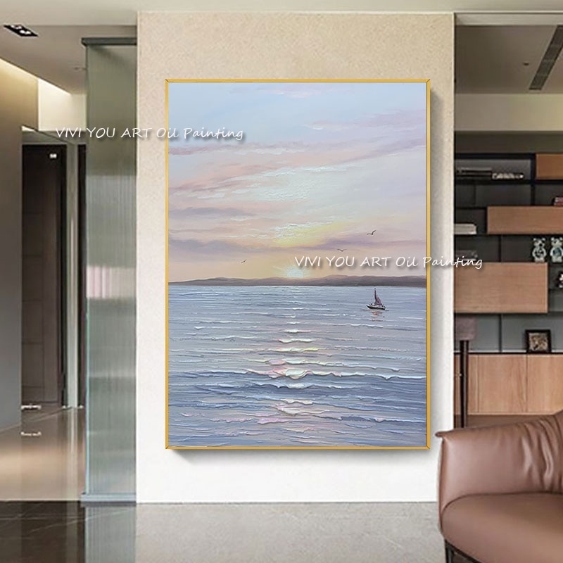 The Special Sunrise View Sea Seascape Hand Painted Oil Paintings on Canvas Abstract Palette Wall Picture for Home Office Decor 2