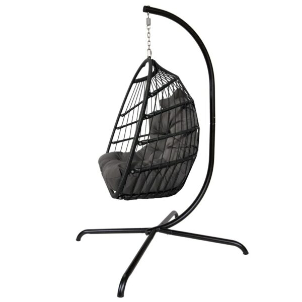 Swing Egg Chair with C-Bracket, Rattan Patio Hanging Basket, Folding Hanging Chair with Cushion and Pillow, Black (In Stock) 4