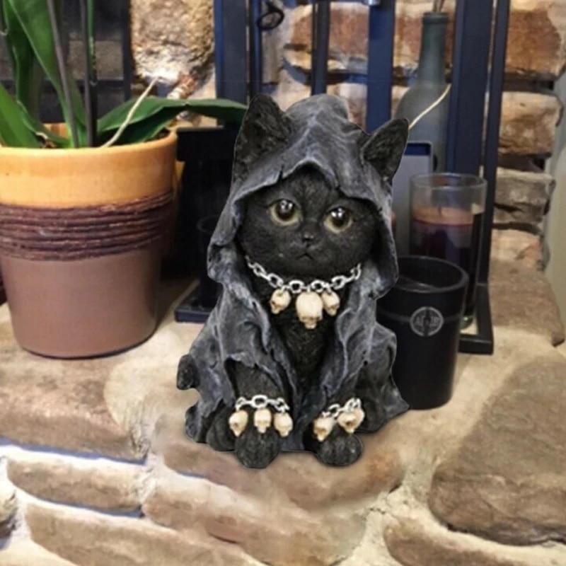New Cat Statue Witch Grim Reaper Decorative Resin Black Cloak Grim Reaper Feline Micro Decor Garden Home Office 4