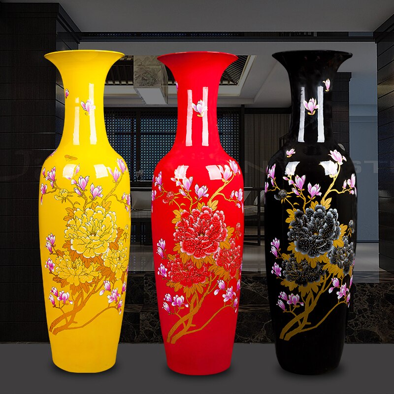 Jingdezhen Ceramics Chinese Red Peony Flower Living Room High-Grade Yellow Black Floor Large Vase New House Decoration Ornaments 3