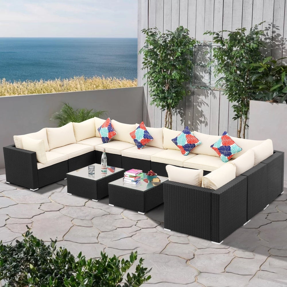 12-piece Outdoor Patio Rattan Sofa Sectional Set with Cushions and Coffee Table, Wicker Rattan Sectional Sofa Set