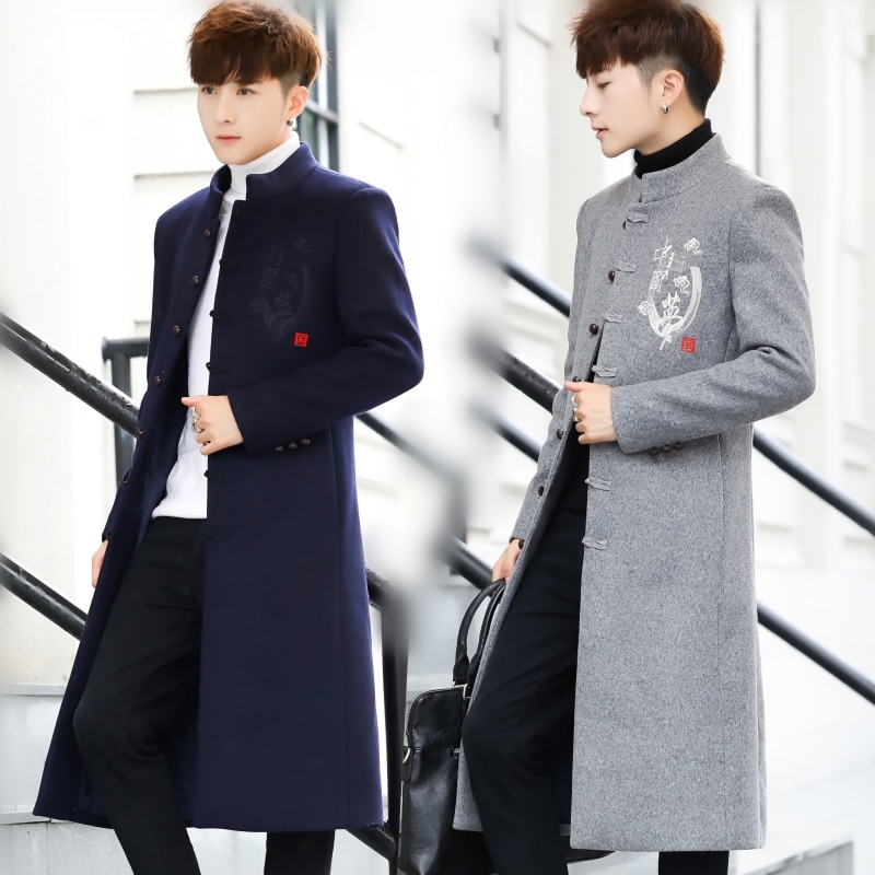 2022 Mens Wool Trench Coat Jackets Autumn Winter Chinese Style Embroidery Woolen Coats Long Windbreaker Steetwear Outwear Tops 1